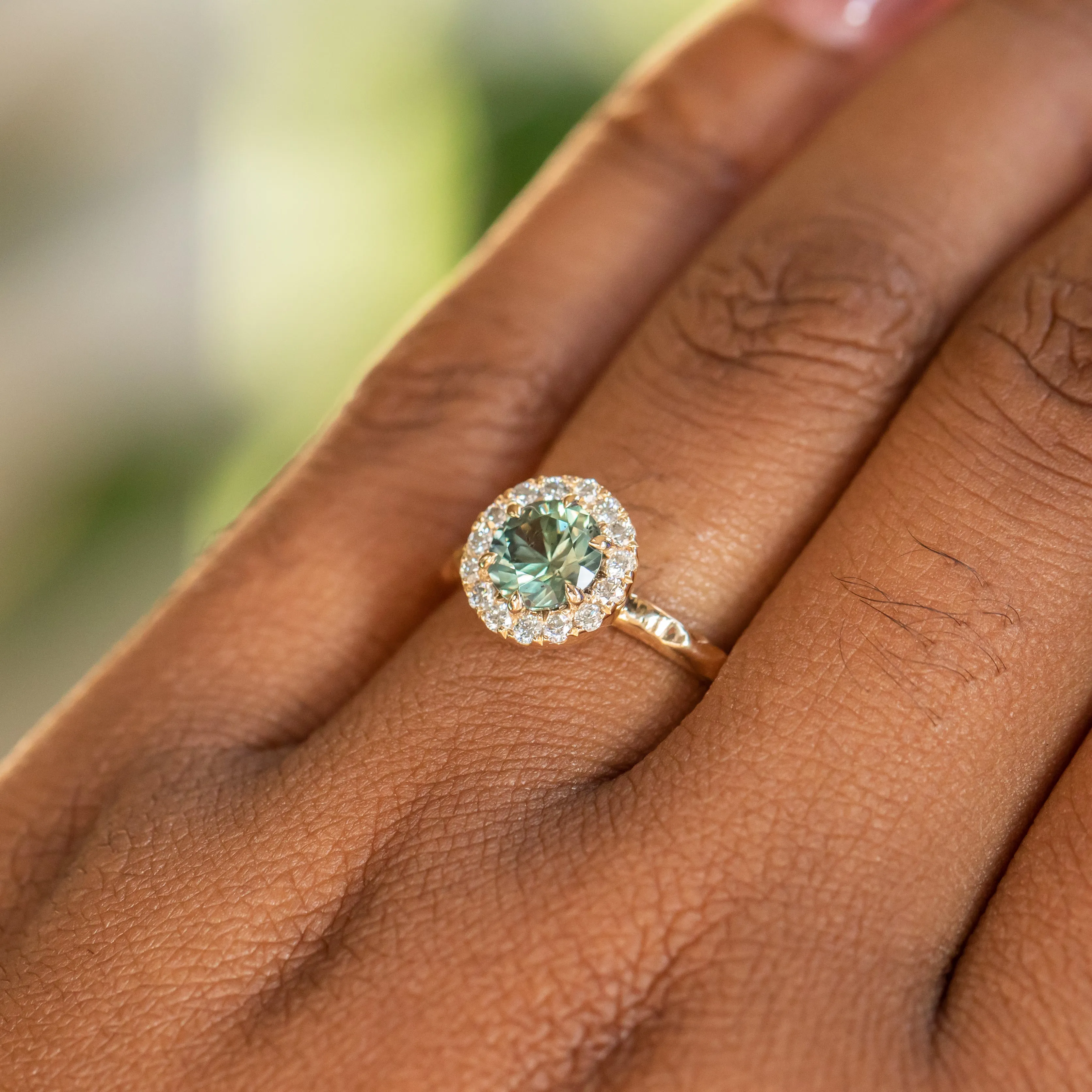 1.15ct Round Songea Sapphire Low Profile Diamond Halo Ring In 14k Yellow Gold