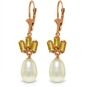 14K Solid Rose Gold Leverback Earrings w/ Pearls & Citrines