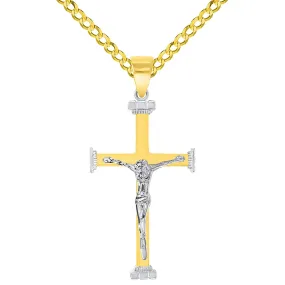 14k Solid Two-Tone Gold 3D Religious Crucifix Cross Pendant with Cuban Chain Curb Necklace
