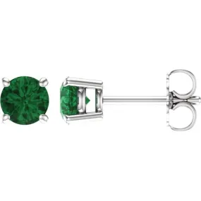 14K White 5 mm Lab-Grown Emerald Stud Earrings