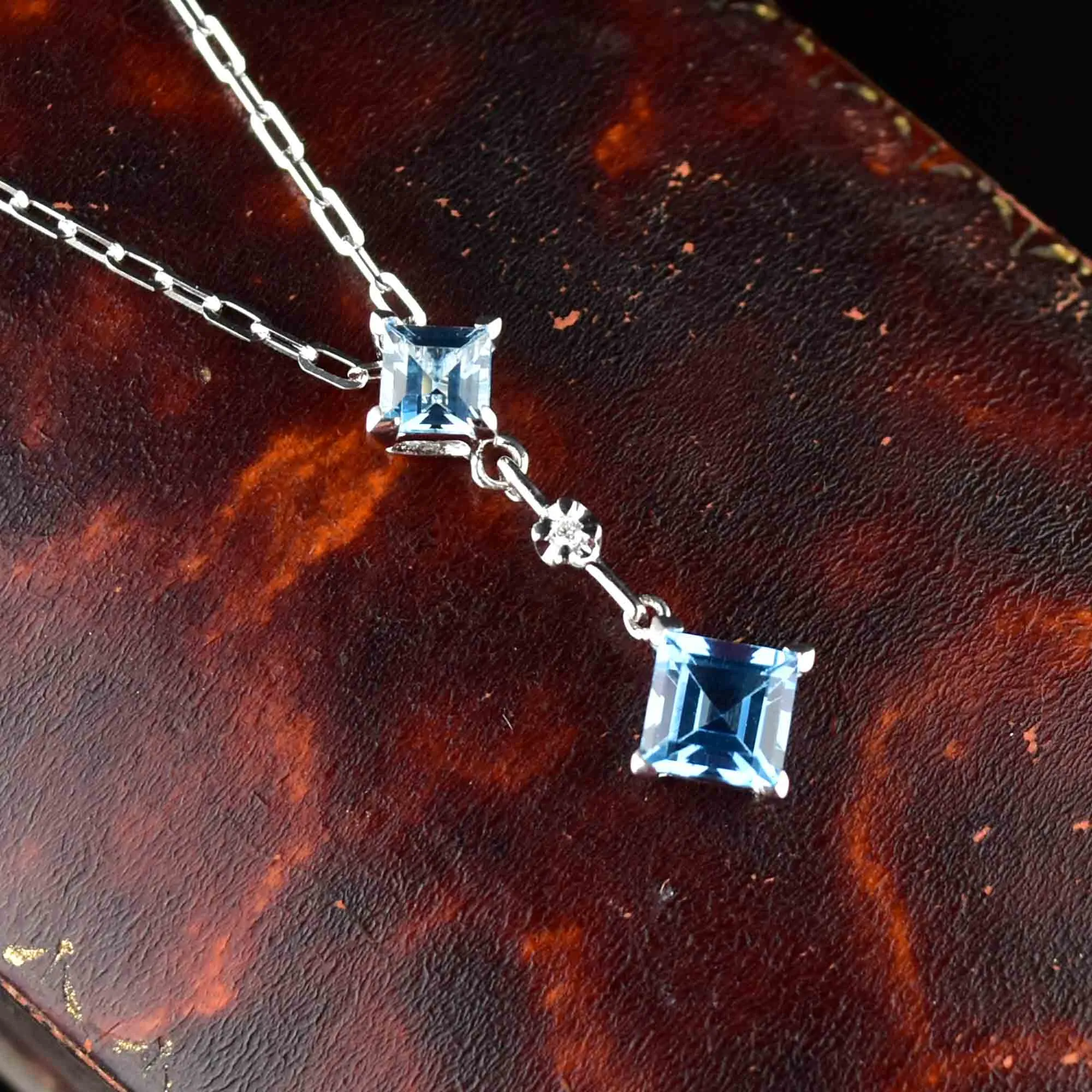 14K White Gold Diamond Blue Topaz Pendant Necklace