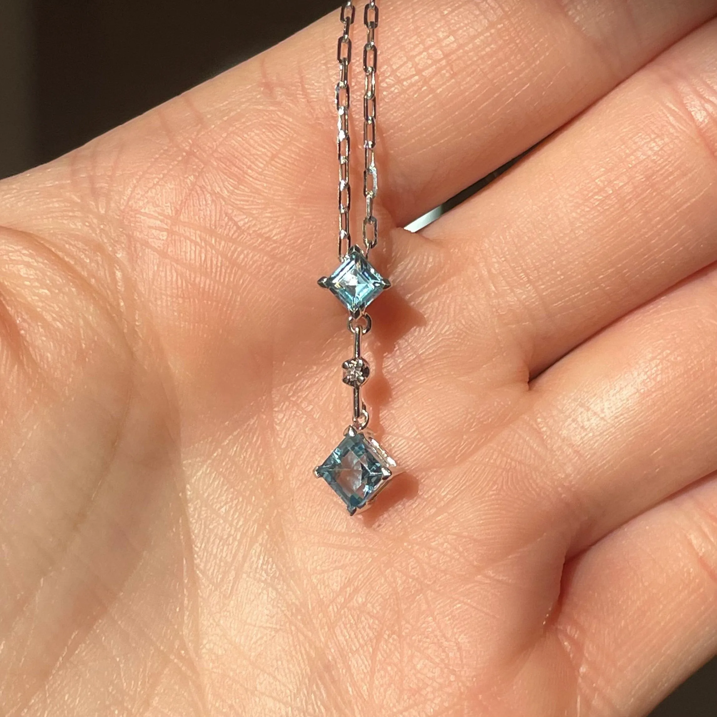 14K White Gold Diamond Blue Topaz Pendant Necklace