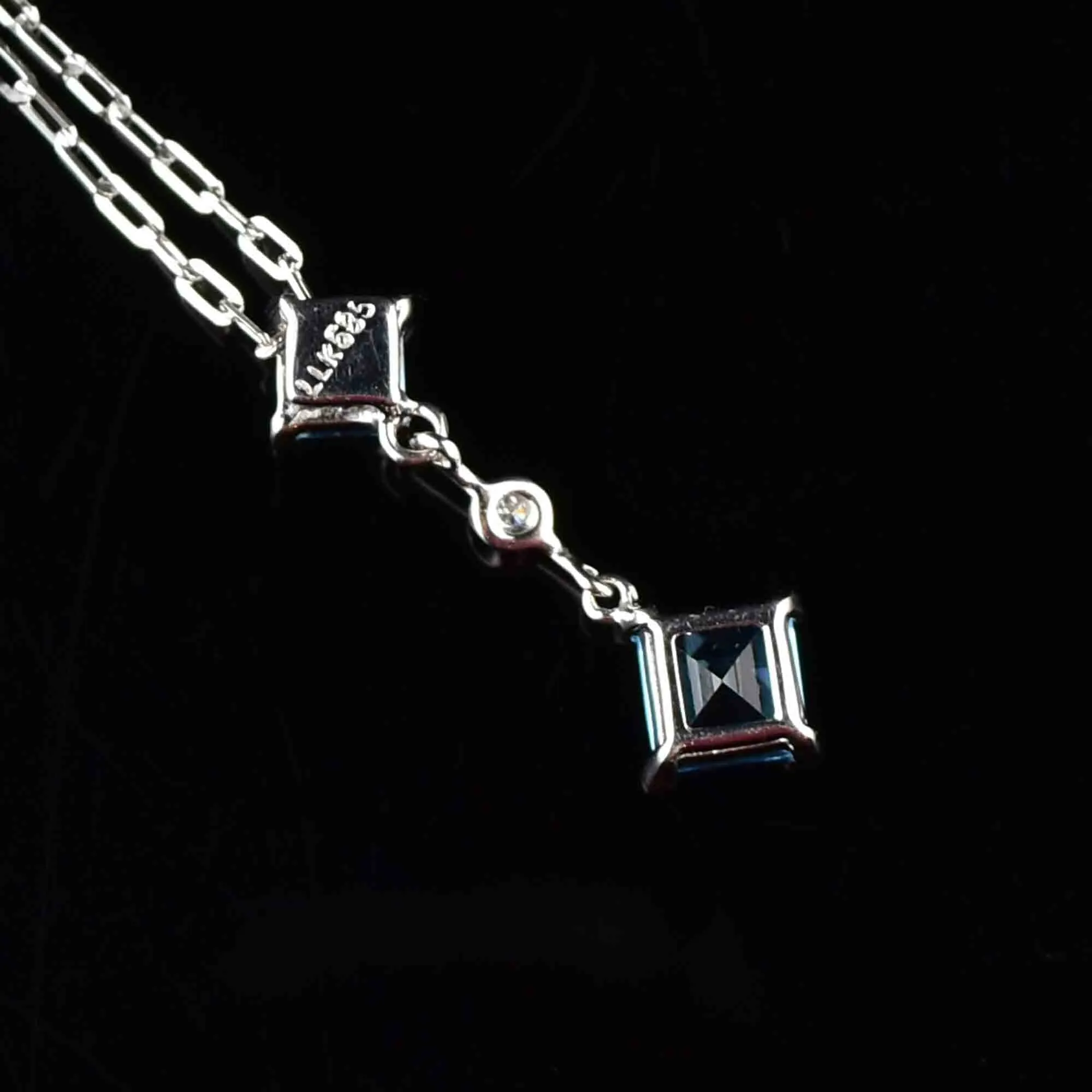 14K White Gold Diamond Blue Topaz Pendant Necklace