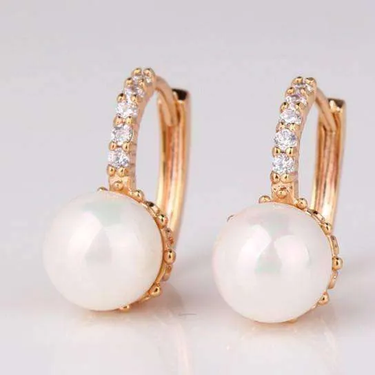 14K White Gold Plated Pearl Bead Solitaire Hoop Earrings For Woman