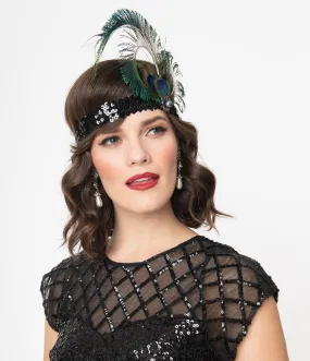 1920s Black Sequin Peacock Feather Flapper Headband