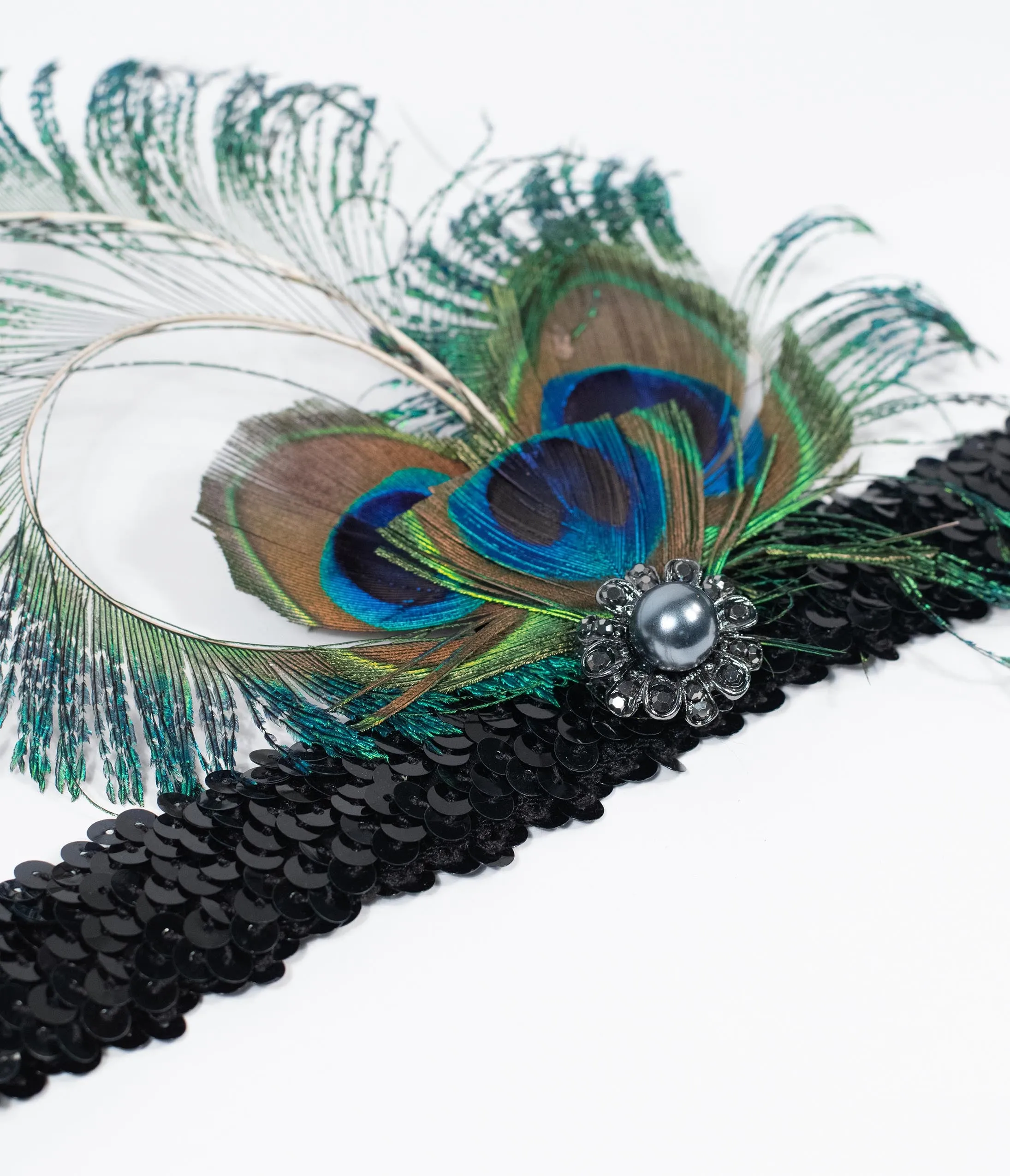 1920s Black Sequin Peacock Feather Flapper Headband