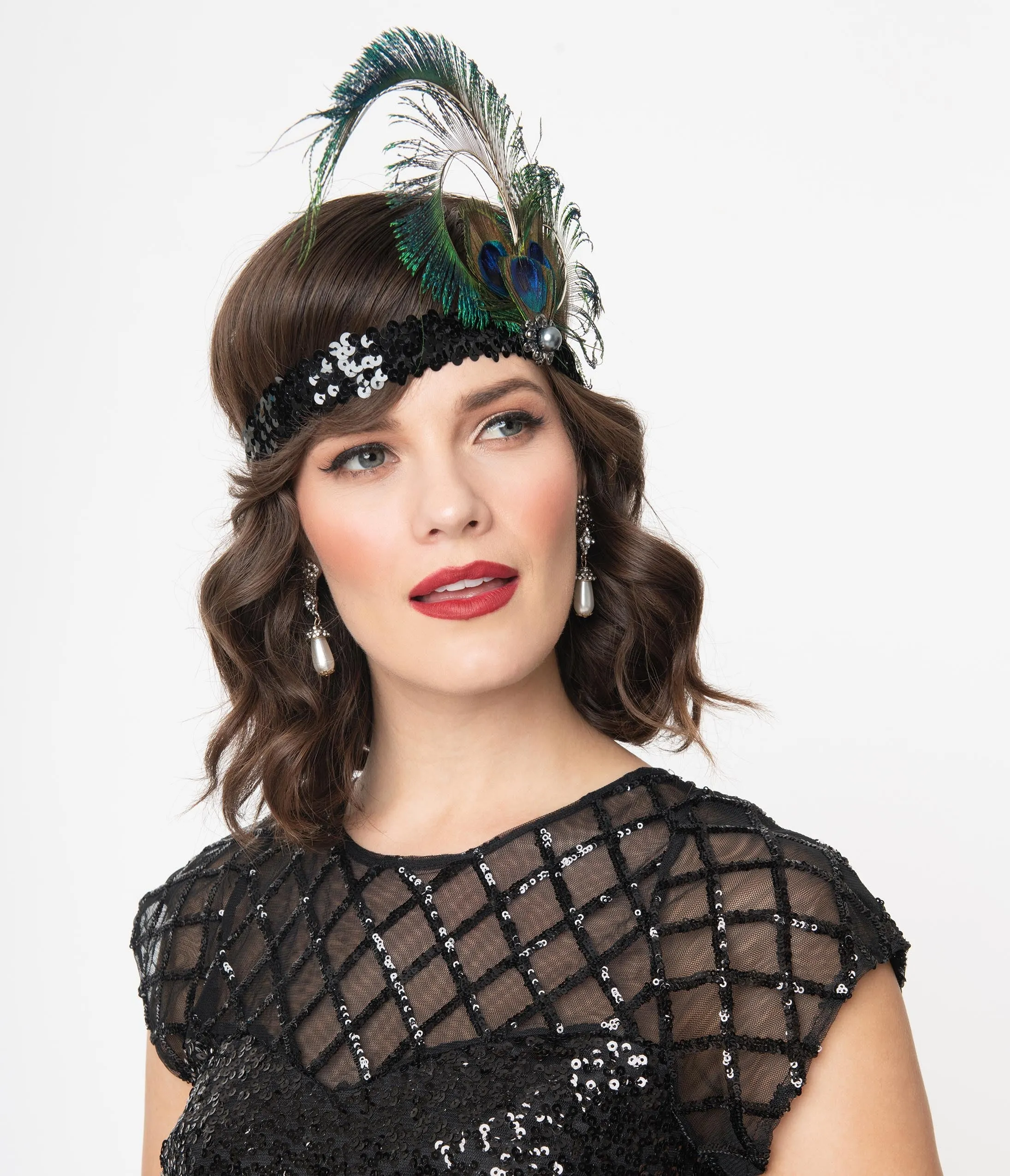 1920s Black Sequin Peacock Feather Flapper Headband