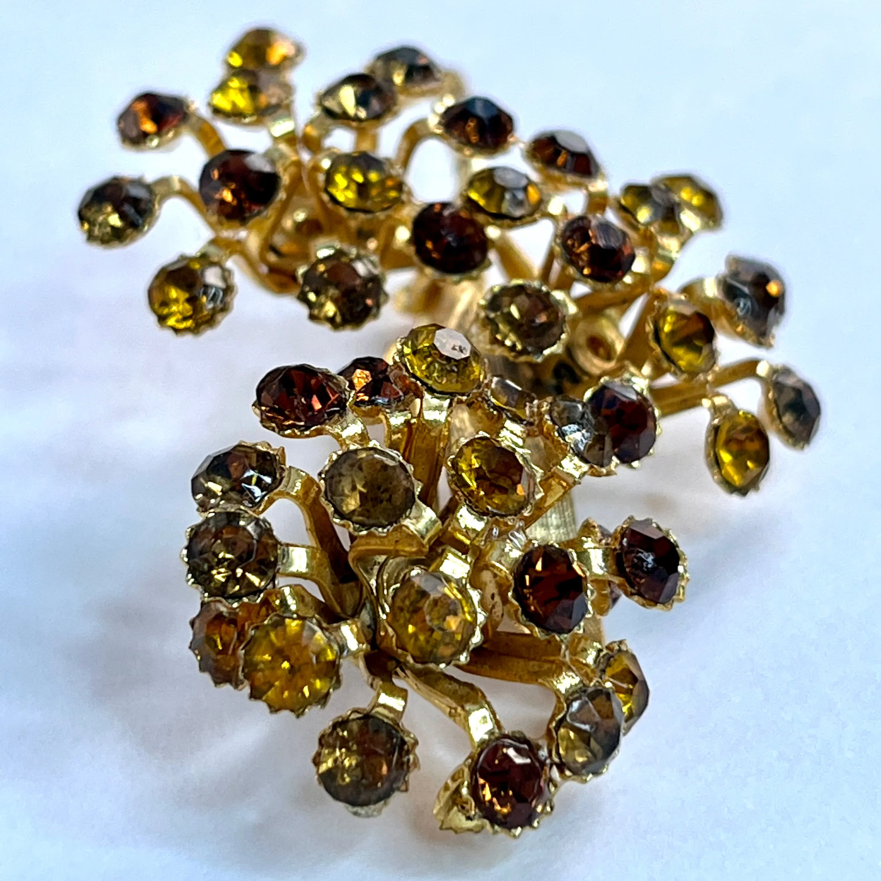 1960s Gold-Tone Amber Rhinestone Flower Brooch