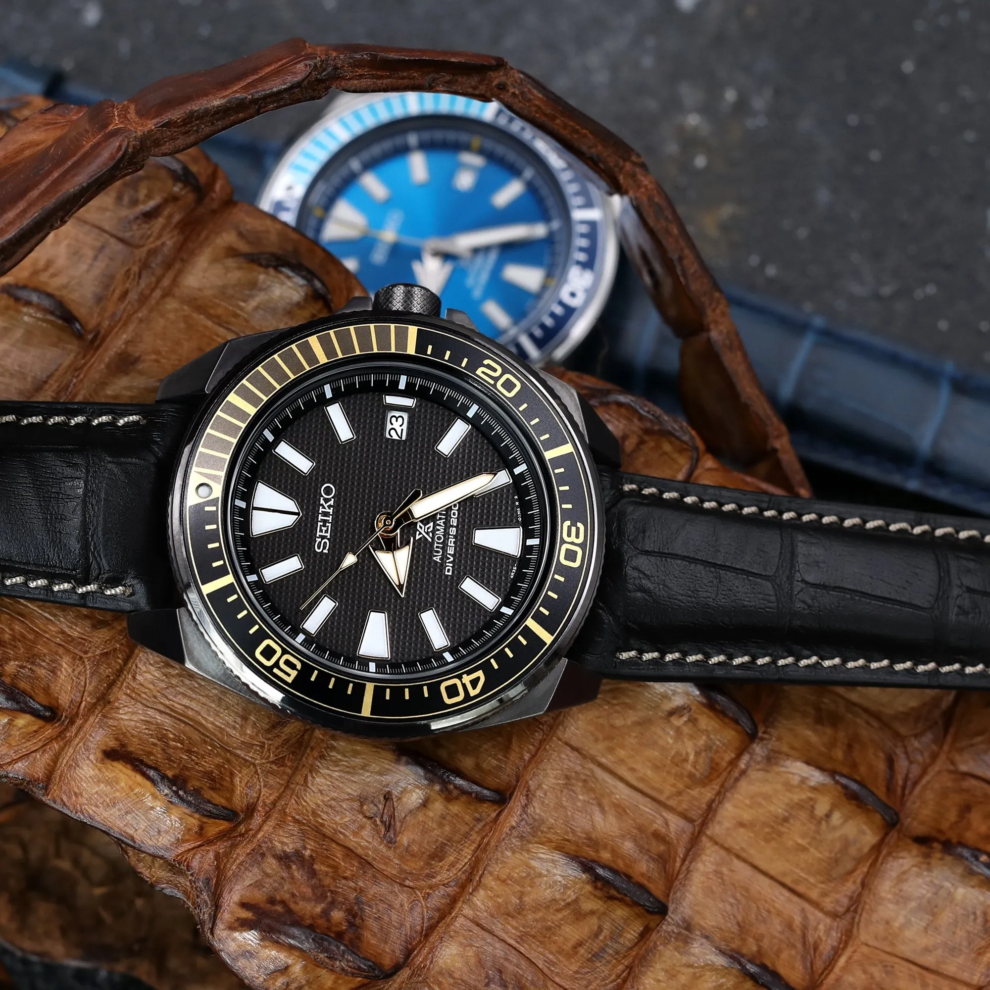 20mm or 22mm CrocoCalf (Croco Grain) Matte Black Semi-Curved Watch strap, Beige Stitching, Polished Buckle