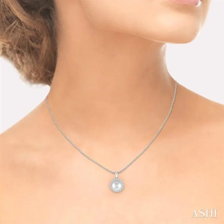 8x8 MM Cultured Pearl and 1/5 Ctw Round Cut Diamond Pendant in 14K White Gold with Chain