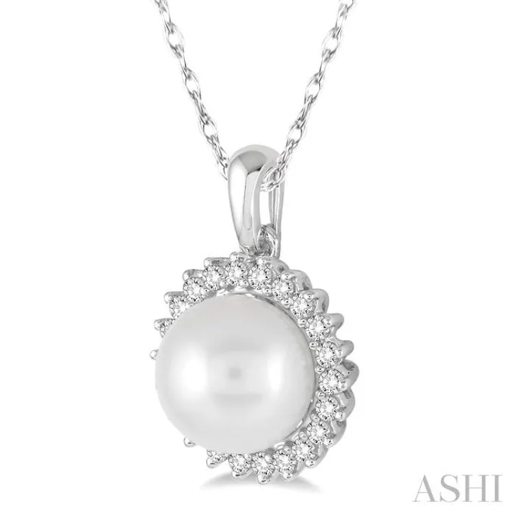 8x8 MM Cultured Pearl and 1/5 Ctw Round Cut Diamond Pendant in 14K White Gold with Chain