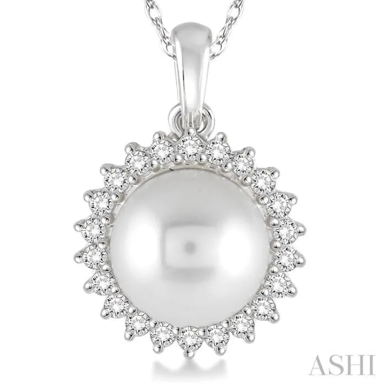 8x8 MM Cultured Pearl and 1/5 Ctw Round Cut Diamond Pendant in 14K White Gold with Chain