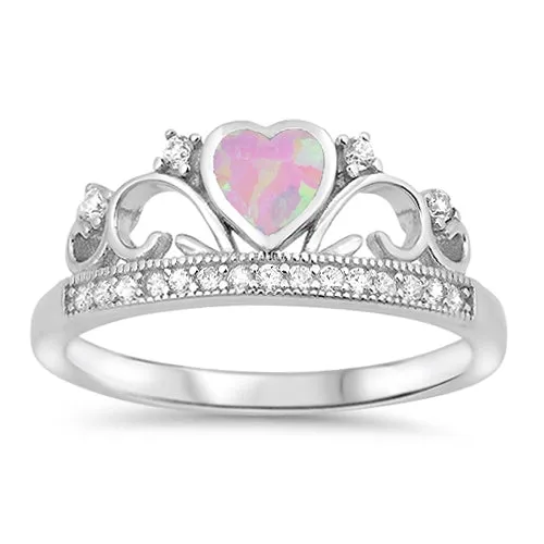 925 Sterling Silver Crown Ring With Opal Heart