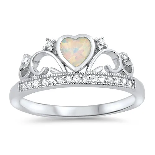 925 Sterling Silver Crown Ring With Opal Heart