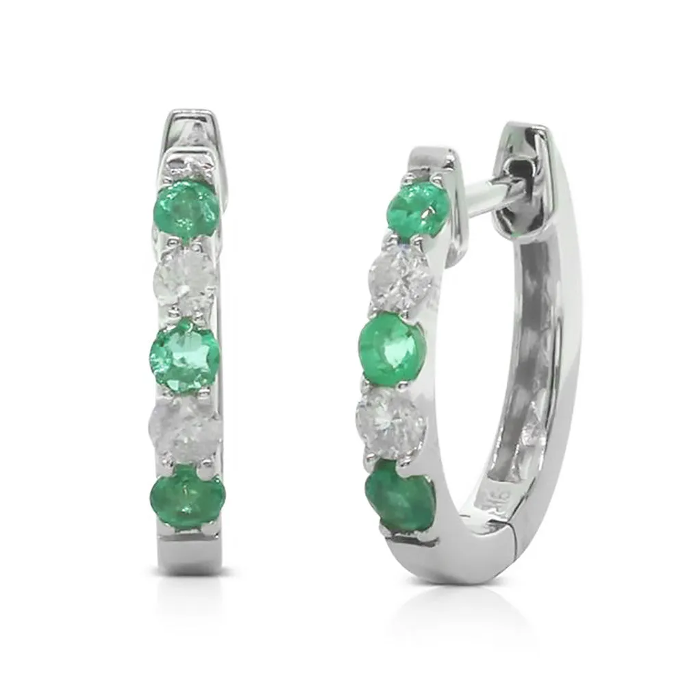 9ct White Gold Emerald & Diamond Huggie Earrings