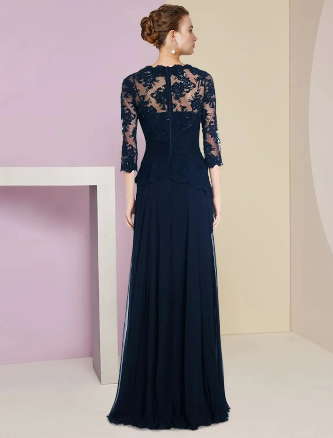 A-Line Mother of the Bride Dress Formal Wedding Guest Elegant Scoop Neck Floor Length Chiffon Lace Half Sleeve with Pleats Appliques Crystal Brooch