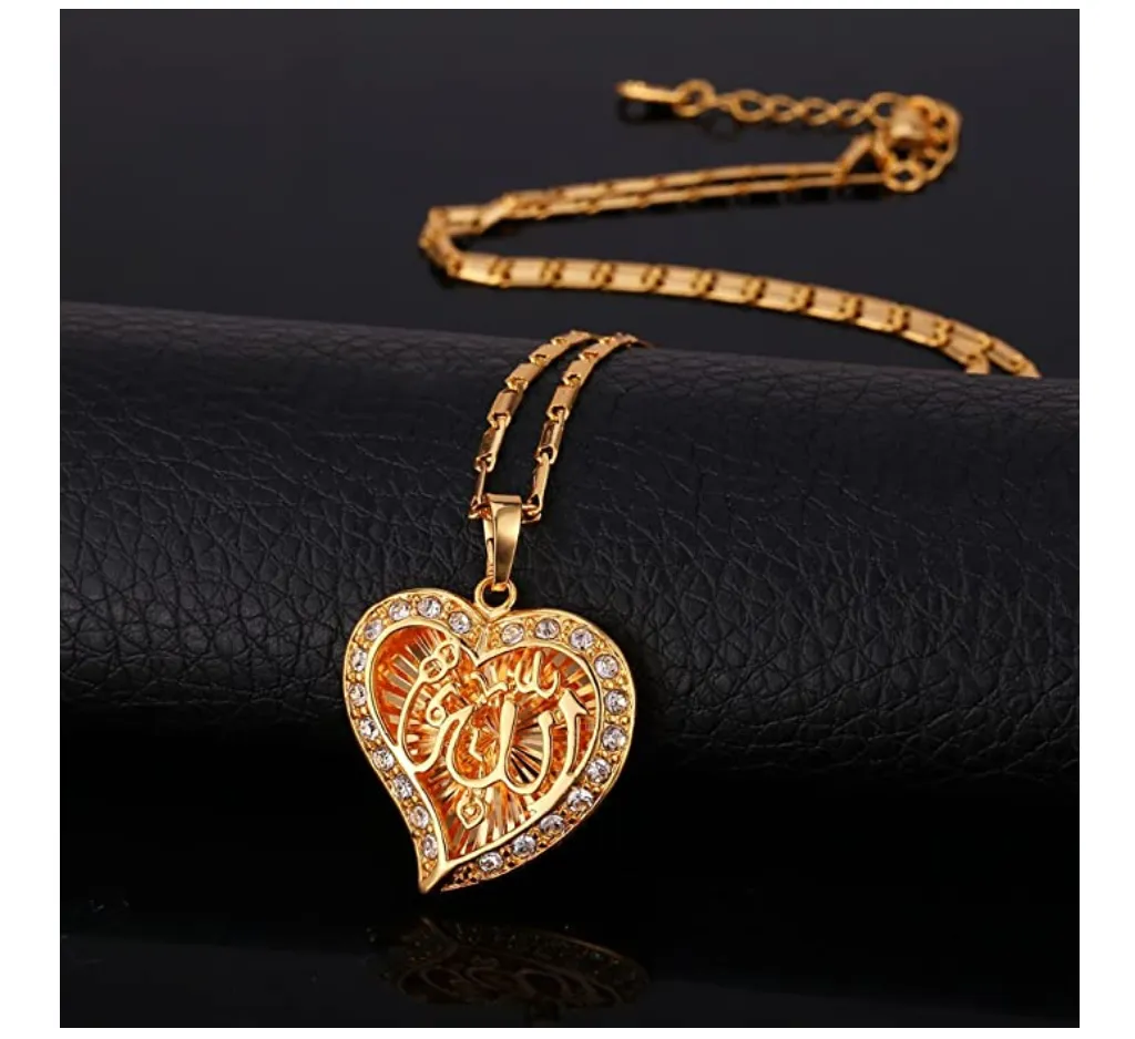 Allah Heart Necklace Love Islamic Jewelry Muslim Gift Allah Holy Arabic Chain 22in.