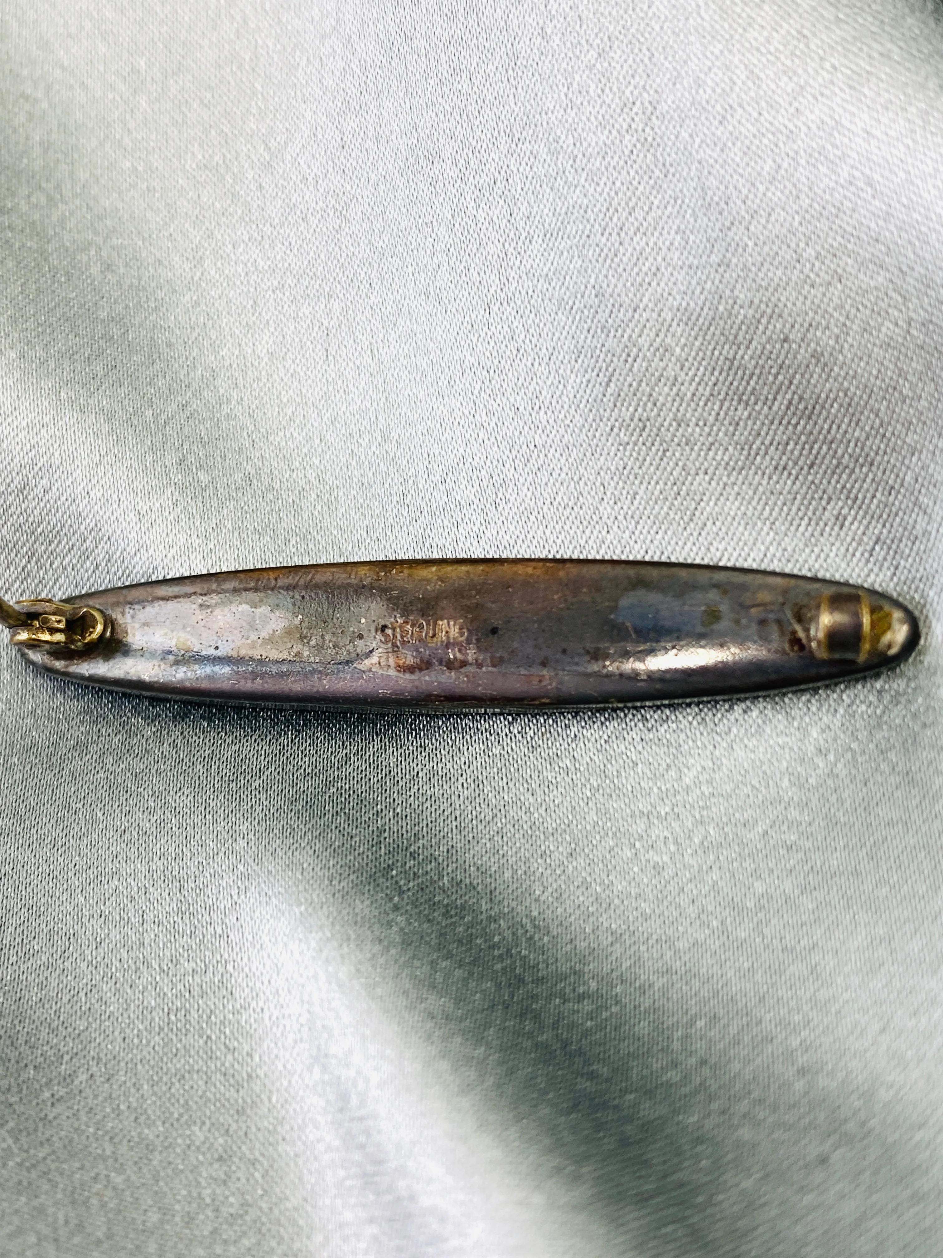 Antique 1910s Oblong Abalone Shell Silver Brooch Pin