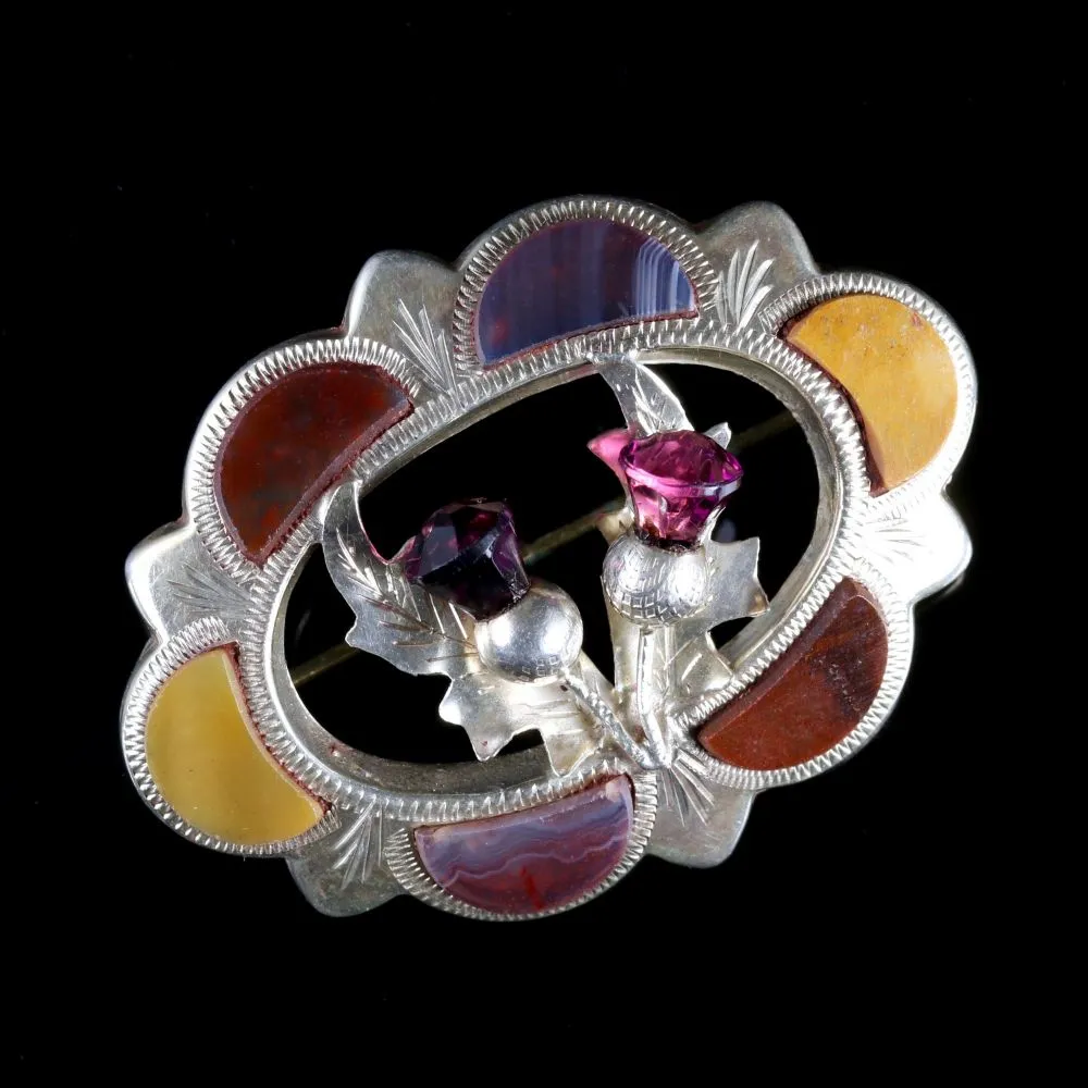 Antique Victorian Agate Scottish Thistle Brooch Circa 1860