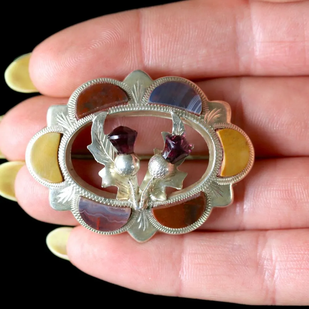 Antique Victorian Agate Scottish Thistle Brooch Circa 1860