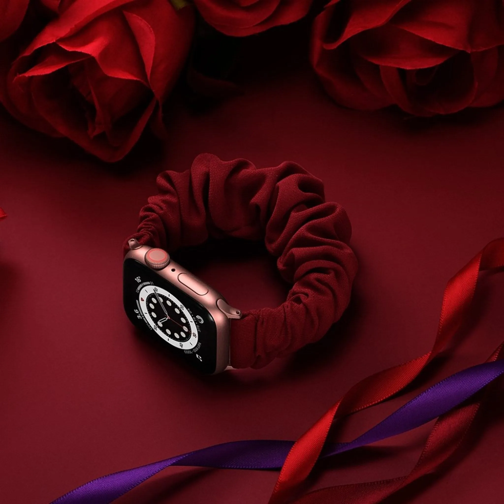 Apple Watch Series 6 / 5 44mm elastic hair band style watch strap - Rose Gold Connector / Wine Red / Size: L