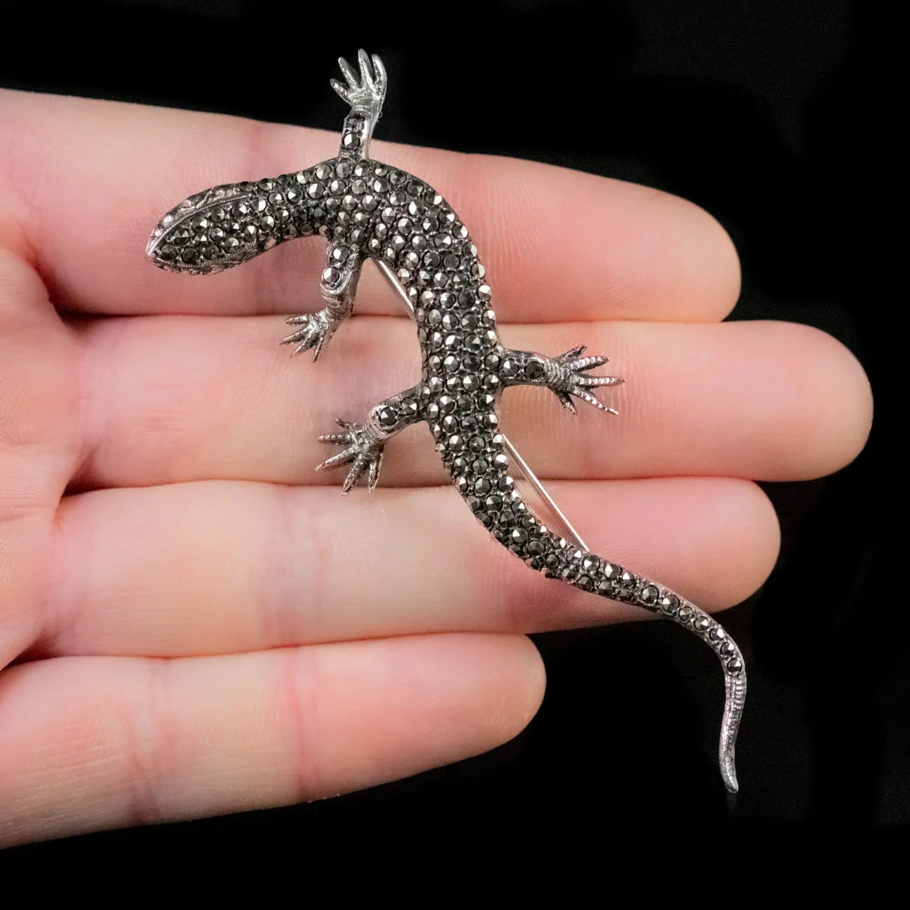 Art Deco Marcasite Salamander Brooch Sterling Silver Circa 1930