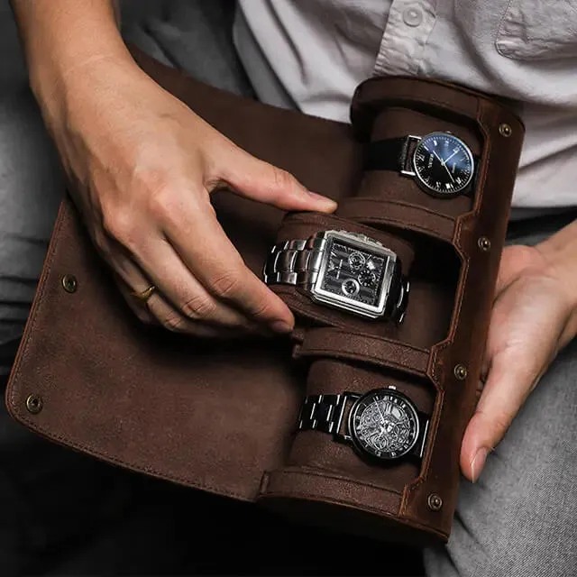Coffee Genuine Leather Watch Roll Travel Case For 3 Watches