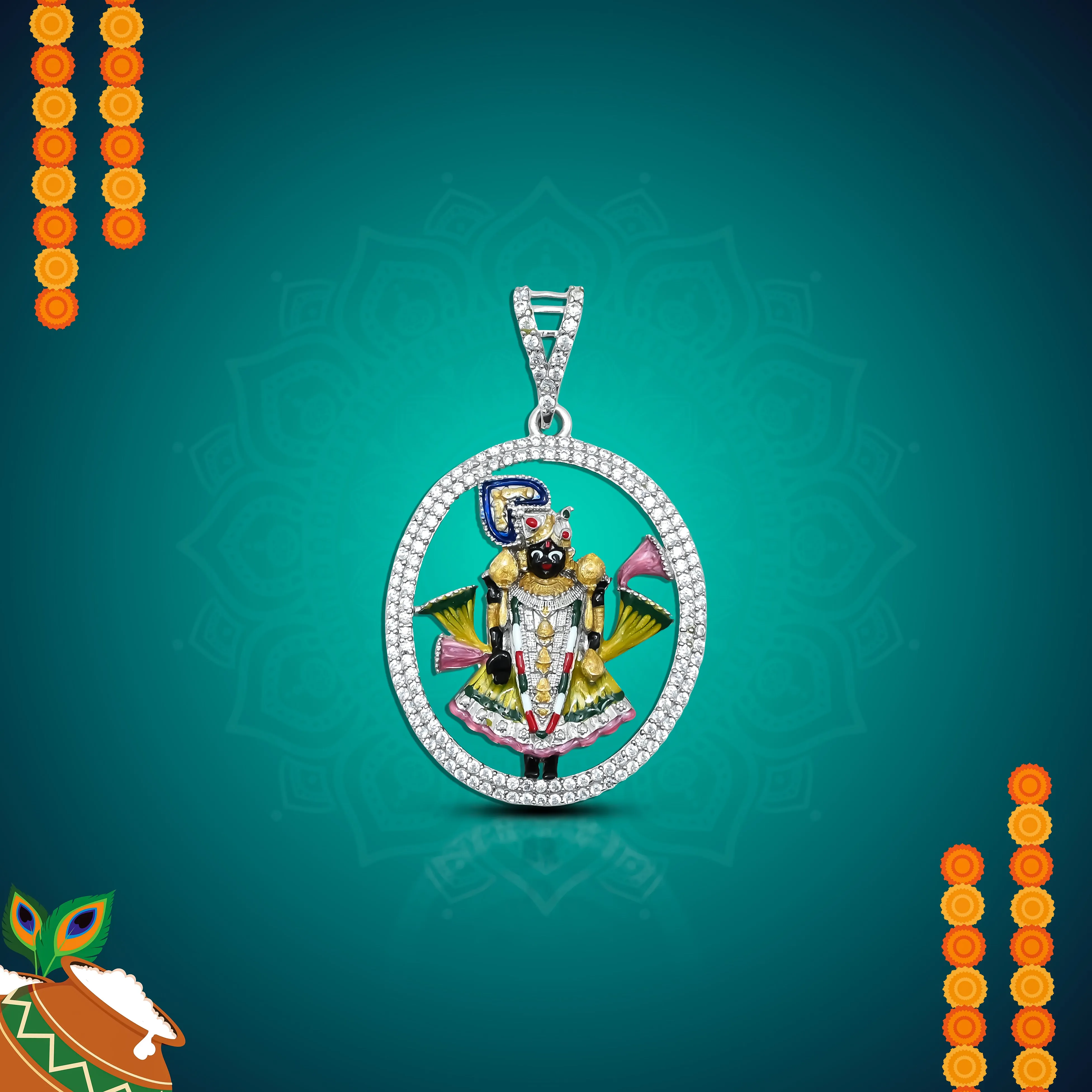 Dazzling Dwarkadhish Krishna Pendant in Silver with CZ Stones