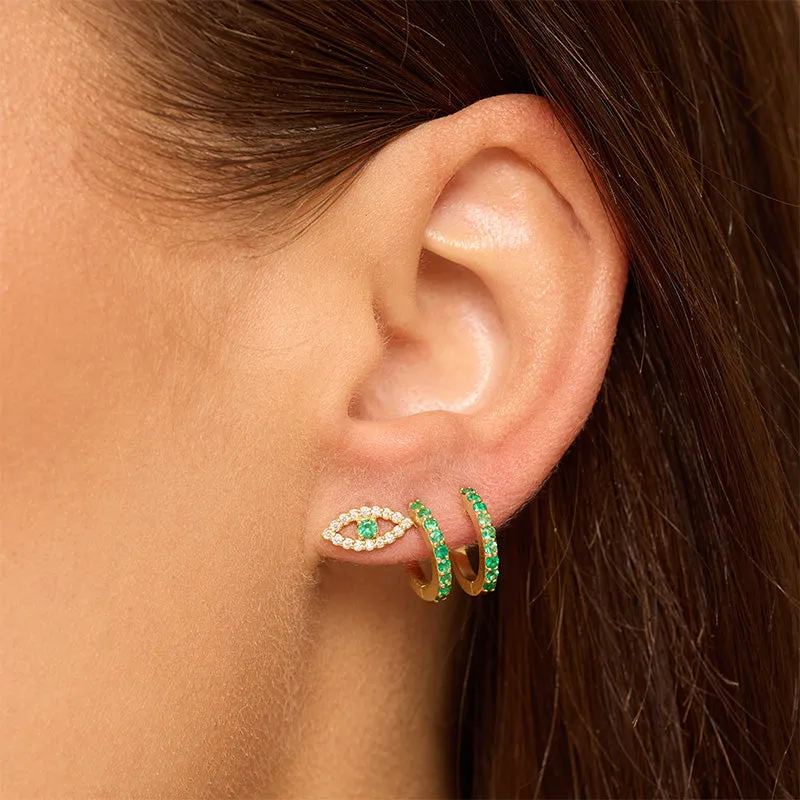 Diamond Mini Open Evil Eye Studs with Emerald Center