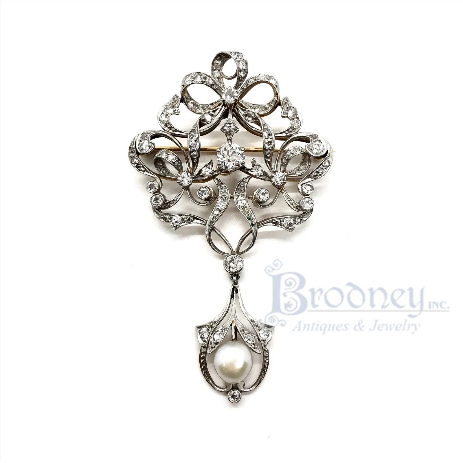 Edwardian Platinum Diamond and Pearl Pin