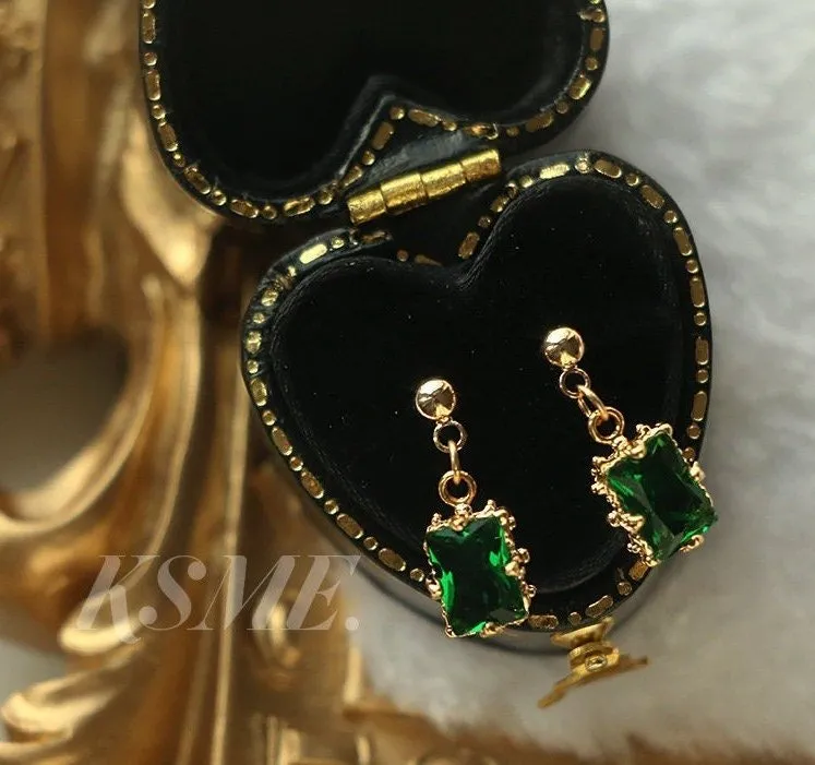 Elise 14K Gold Emerald Pendant Earrings, Green Gems Jewels | Vintage Inspired