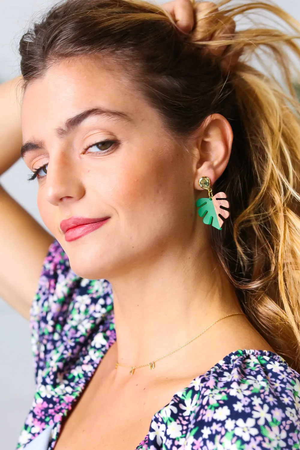 Emerald & Wood Tropical Leaf Drop Earrings