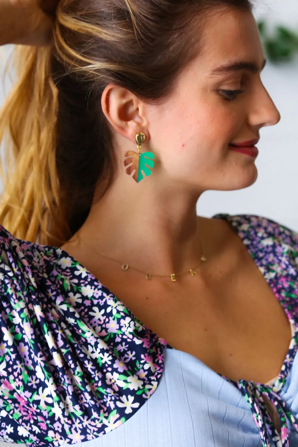 Emerald & Wood Tropical Leaf Drop Earrings