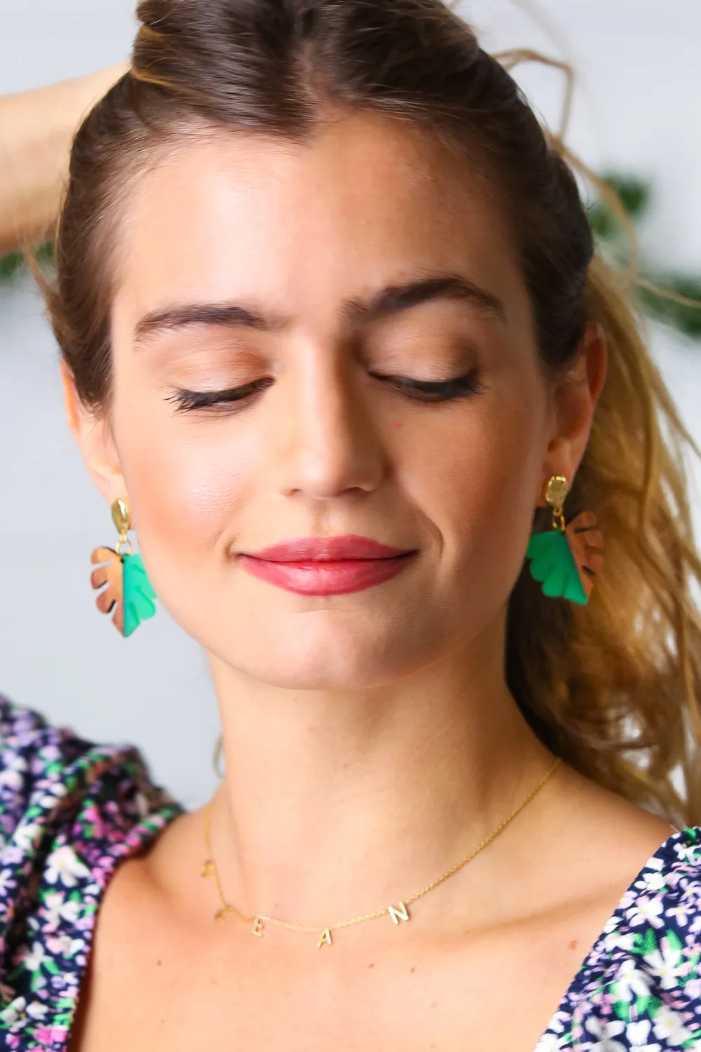 Emerald & Wood Tropical Leaf Drop Earrings