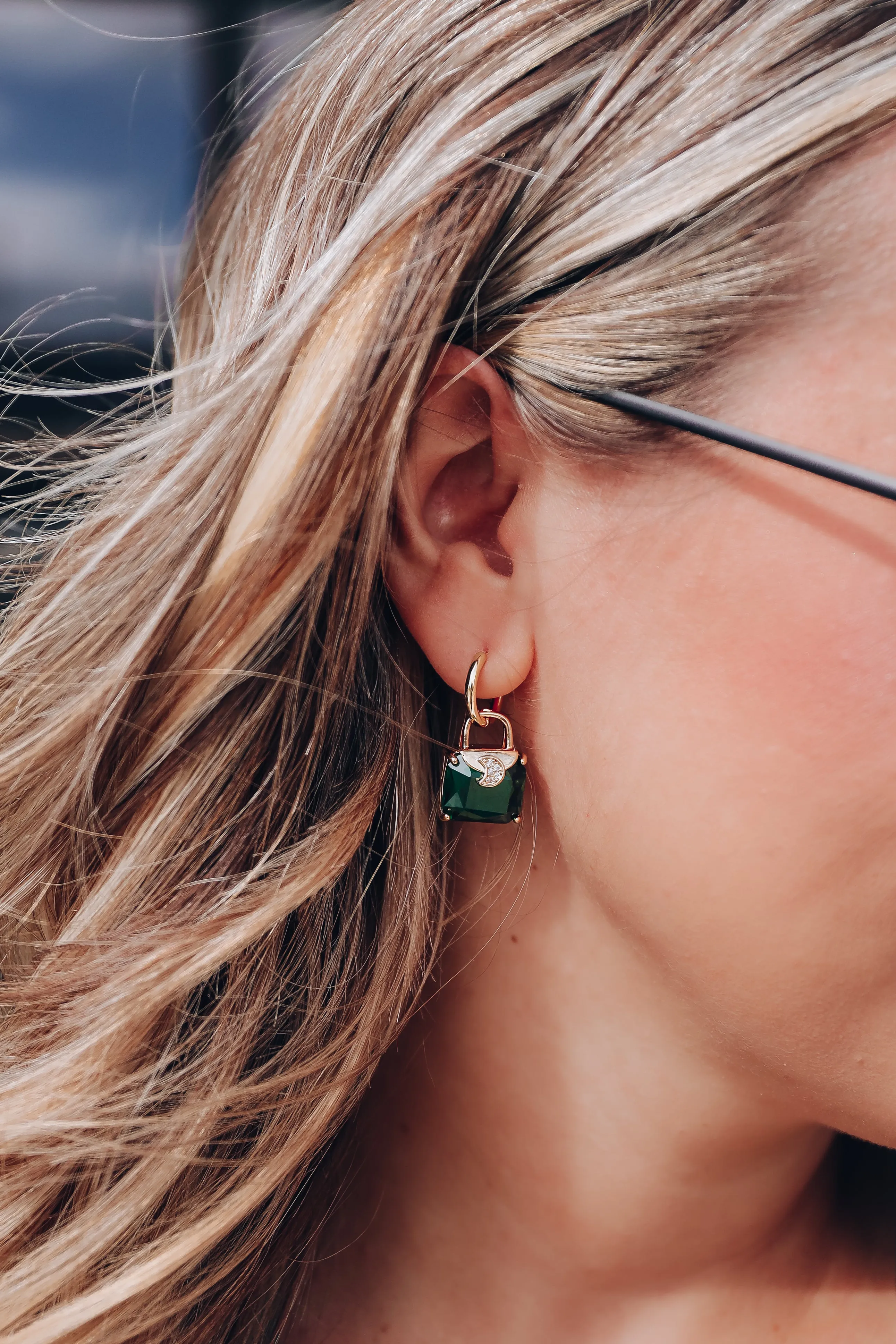 Emerald Cut Huggie Earrings - Green