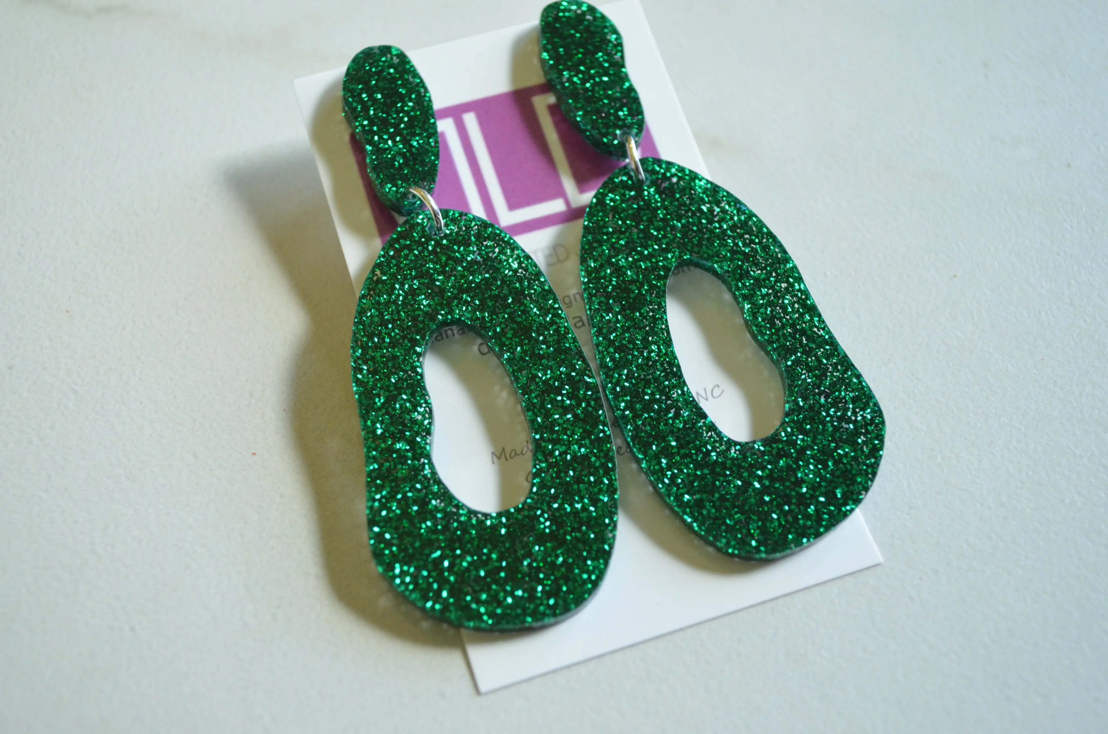 Emerald Green Glitter Lucite Acrylic Big Dangle Statement Earrings - Sylvia