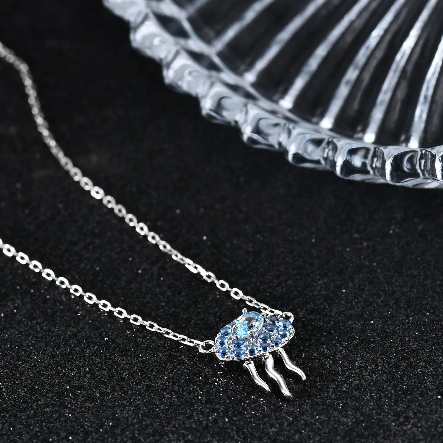 Fashion Style Inlaid with Natural Topaz Jellyfish Pendant Silver Necklace for Women