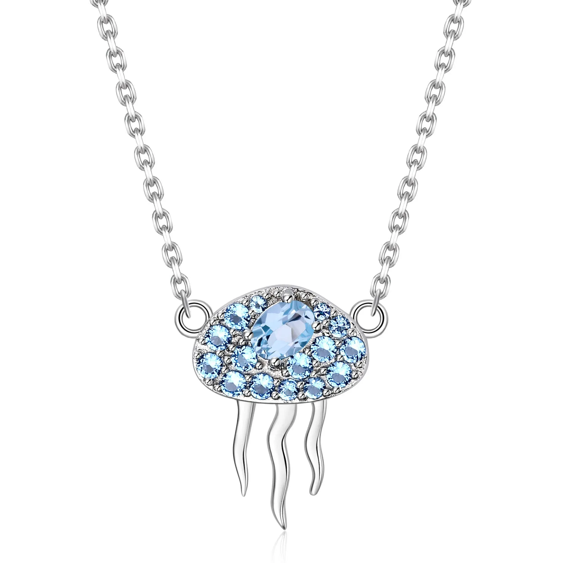 Fashion Style Inlaid with Natural Topaz Jellyfish Pendant Silver Necklace for Women