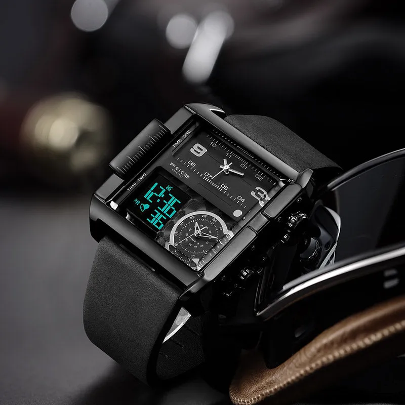 FEICE FK030 3 Time Watches for Men Square w/ Leather Strap