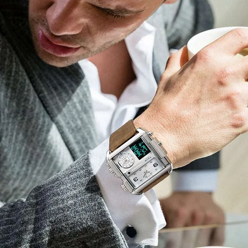 FEICE FK030 3 Time Watches for Men Square w/ Leather Strap