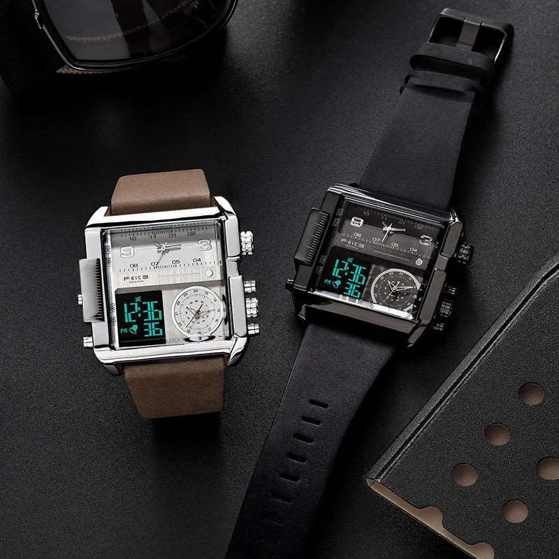 FEICE FK030 3 Time Watches for Men Square w/ Leather Strap