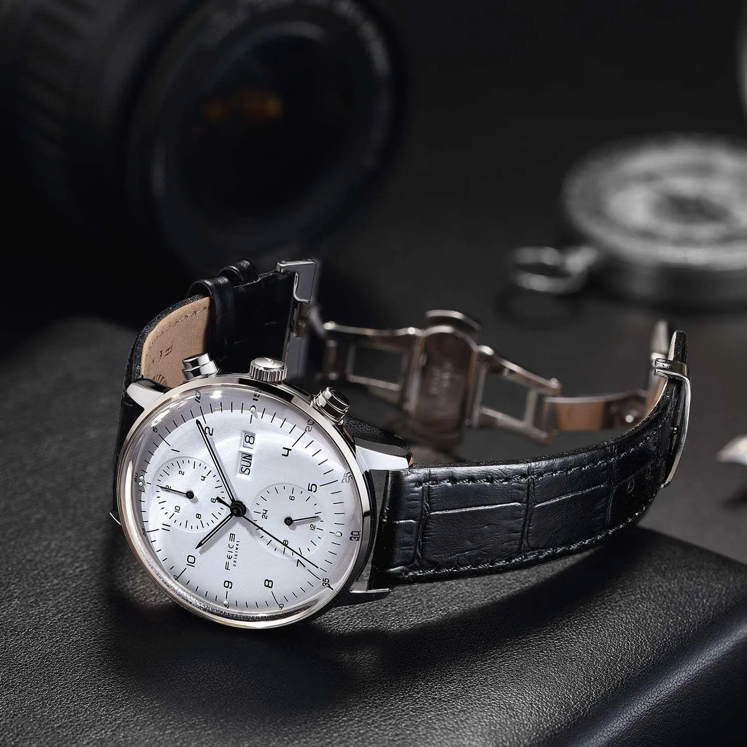FEICE Men's Automatic Mechanical Watch Bauhaus Design Analog Waterproof Wrist Watches Calendar Leather Band Simple Casual Dress Watches for Men -FM121 (1-White)