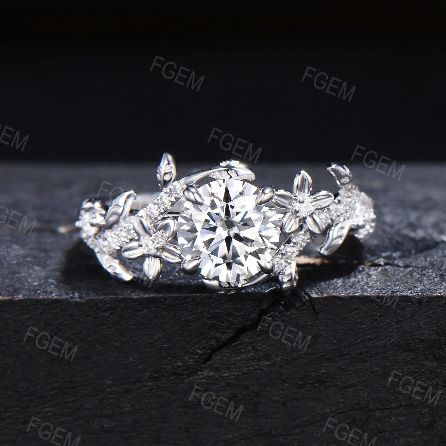 Floral Round Moissanite Ring Set Nature Inspired Leaf Band Moissanite Ring Branch Vine Bridal Set Unique Marquise Moissanite Ring Women Gift