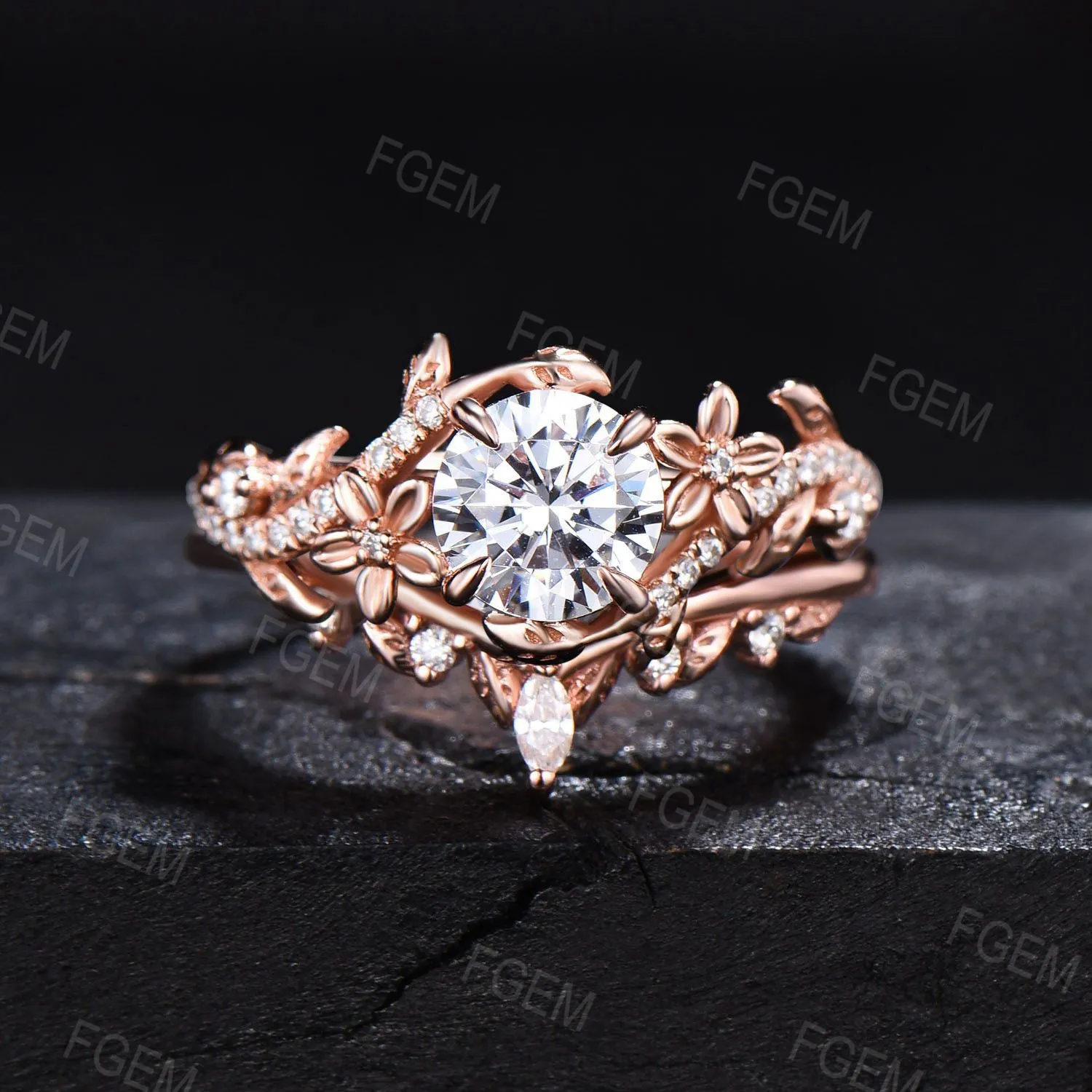 Floral Round Moissanite Ring Set Nature Inspired Leaf Band Moissanite Ring Branch Vine Bridal Set Unique Marquise Moissanite Ring Women Gift