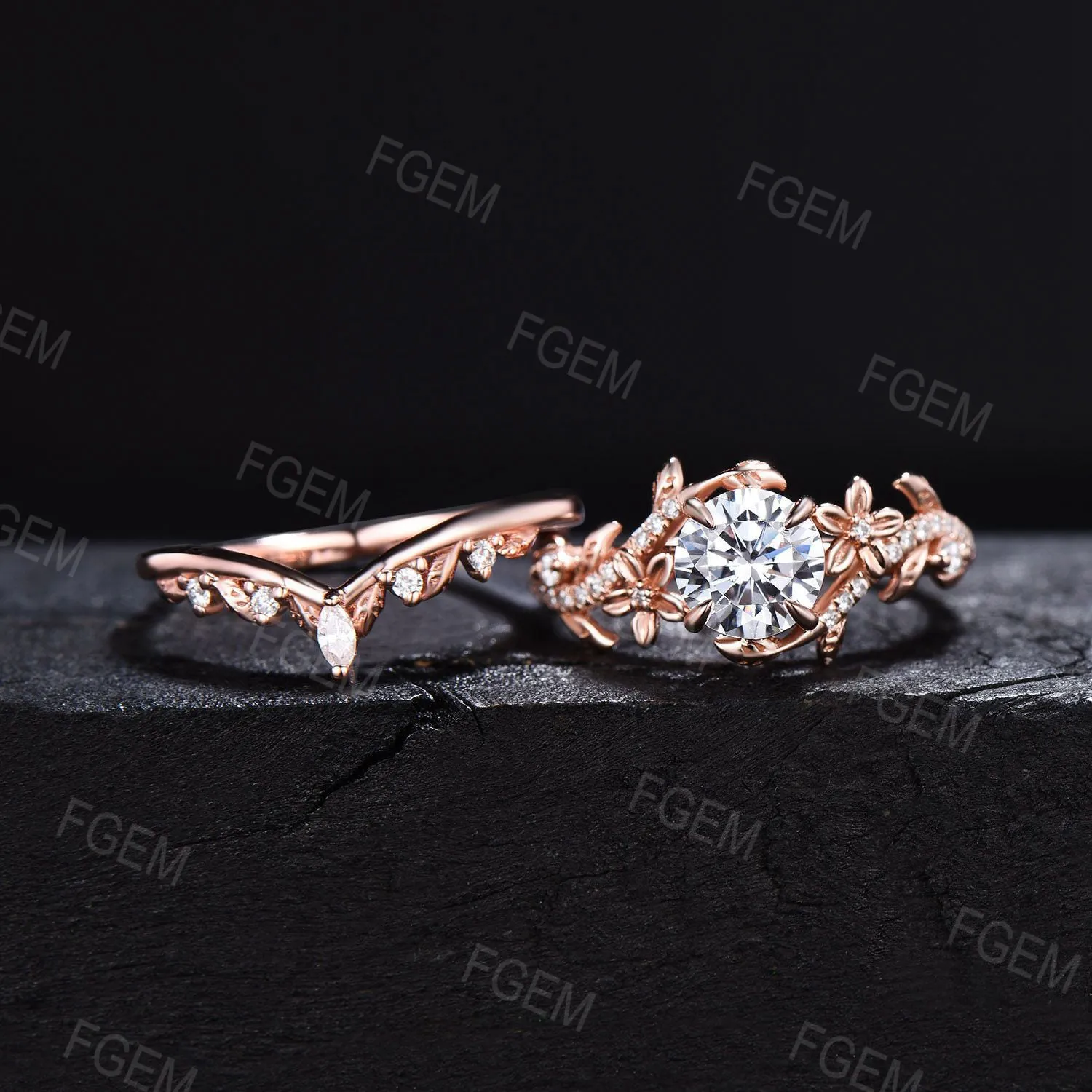 Floral Round Moissanite Ring Set Nature Inspired Leaf Band Moissanite Ring Branch Vine Bridal Set Unique Marquise Moissanite Ring Women Gift