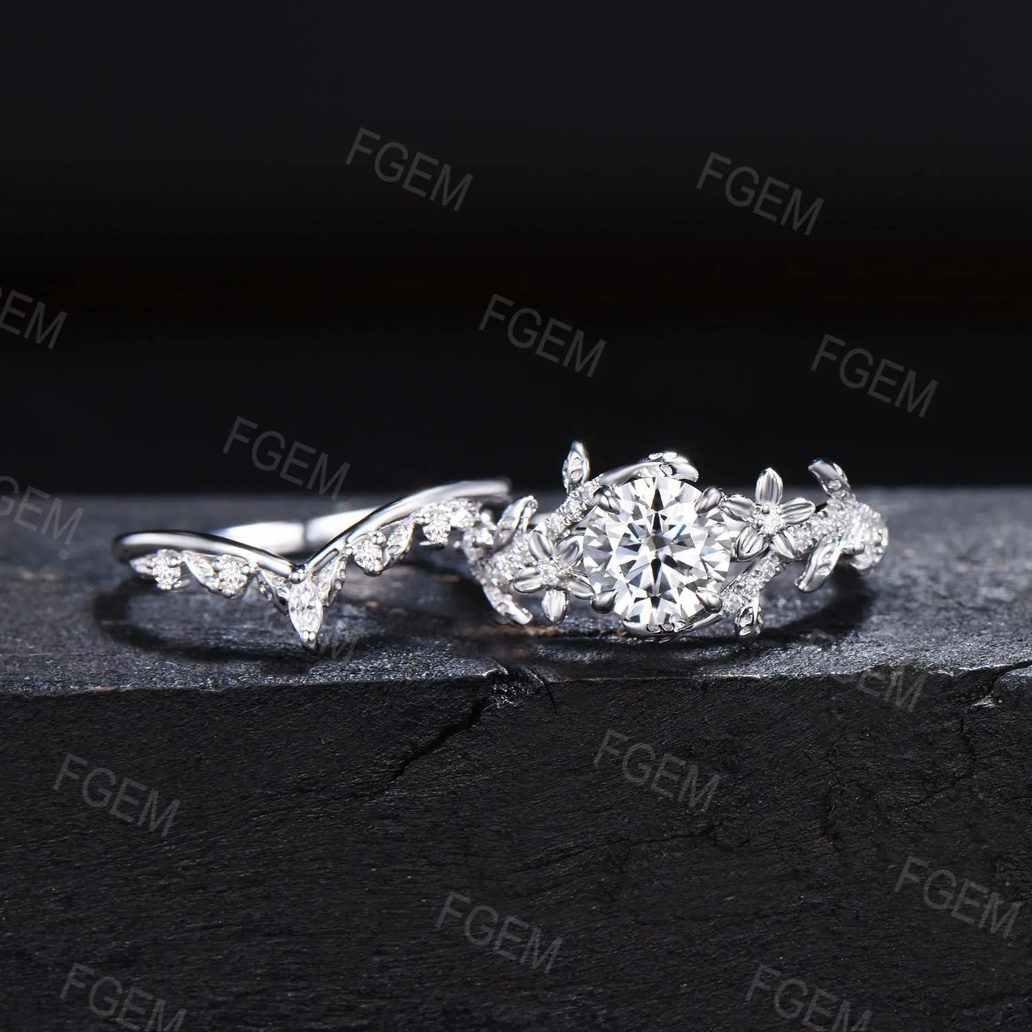 Floral Round Moissanite Ring Set Nature Inspired Leaf Band Moissanite Ring Branch Vine Bridal Set Unique Marquise Moissanite Ring Women Gift