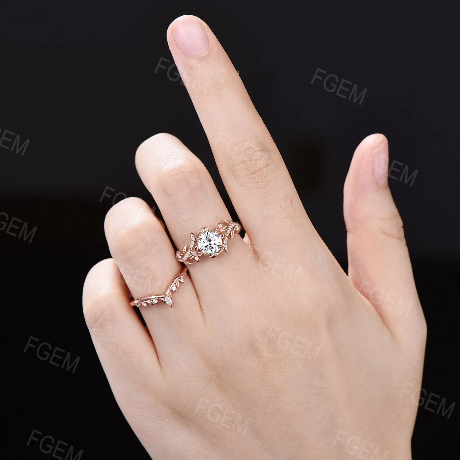 Floral Round Moissanite Ring Set Nature Inspired Leaf Band Moissanite Ring Branch Vine Bridal Set Unique Marquise Moissanite Ring Women Gift