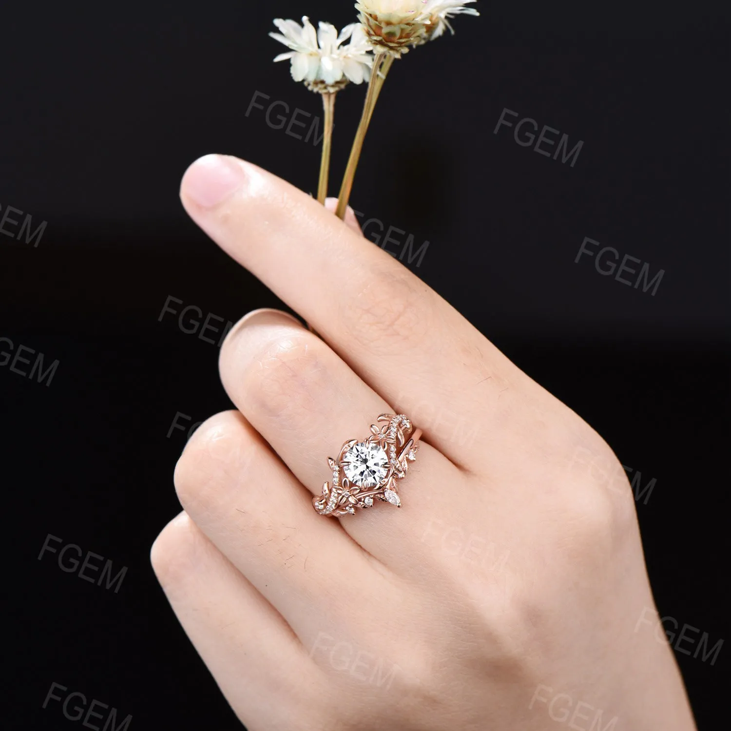 Floral Round Moissanite Ring Set Nature Inspired Leaf Band Moissanite Ring Branch Vine Bridal Set Unique Marquise Moissanite Ring Women Gift