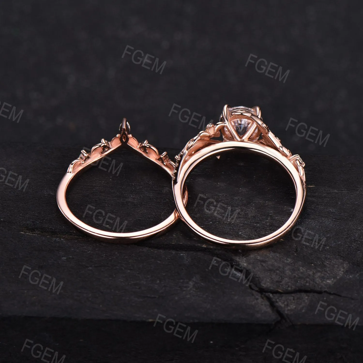 Floral Round Moissanite Ring Set Nature Inspired Leaf Band Moissanite Ring Branch Vine Bridal Set Unique Marquise Moissanite Ring Women Gift