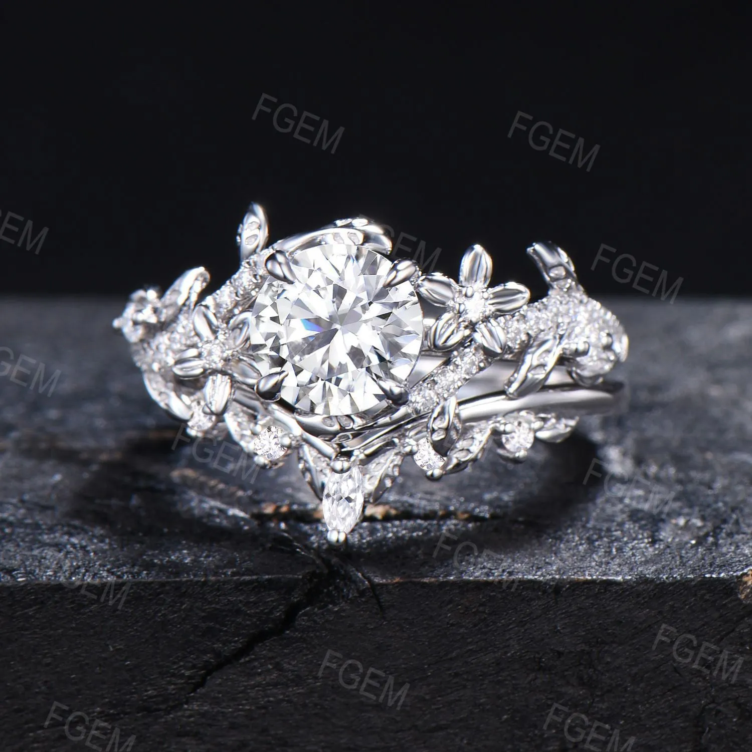 Floral Round Moissanite Ring Set Nature Inspired Leaf Band Moissanite Ring Branch Vine Bridal Set Unique Marquise Moissanite Ring Women Gift